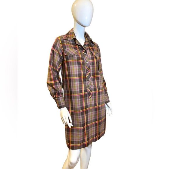 Vintage Plaid Button Down Mini Shirt Dress 1970s Medium - Picture 3 of 11